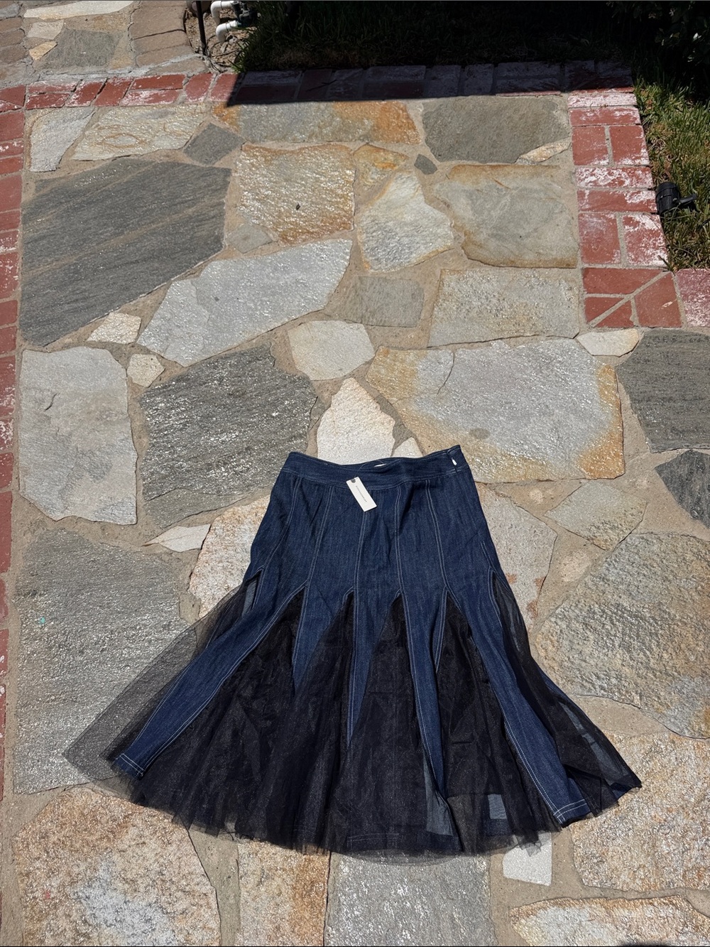 PILCRO Anthropologie Denim & Black Tulle Midi Skirt Size 8 NWT
